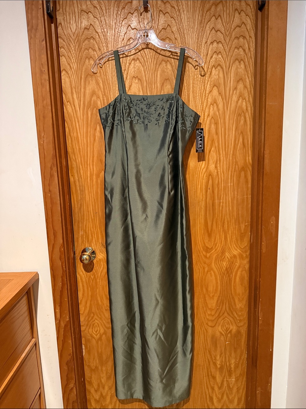Alex Silk-Feel Olive Green Slip Dress with Embroidered Bodice and jacket